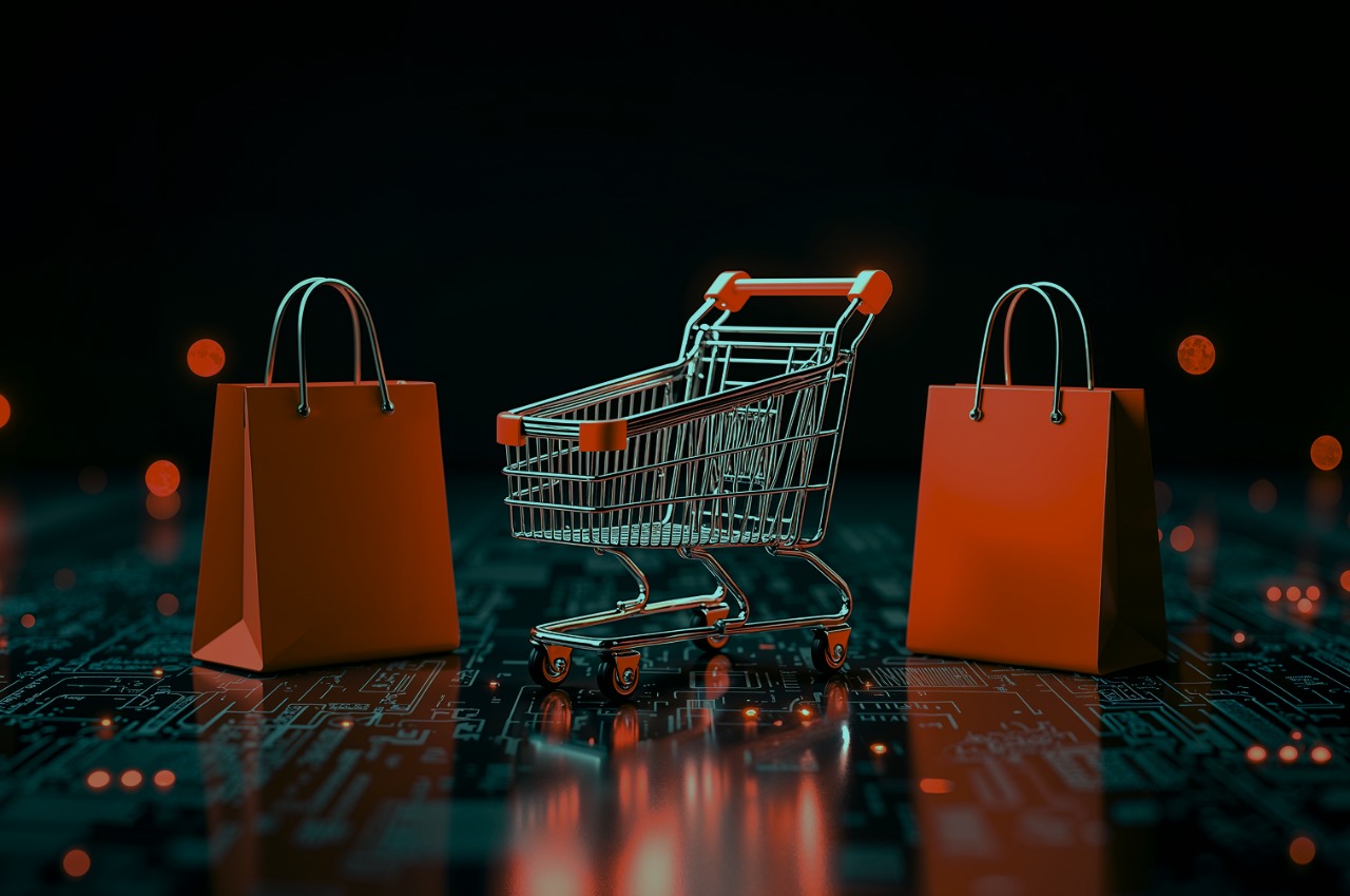 Shopping cart and bags on a digital circuit board
